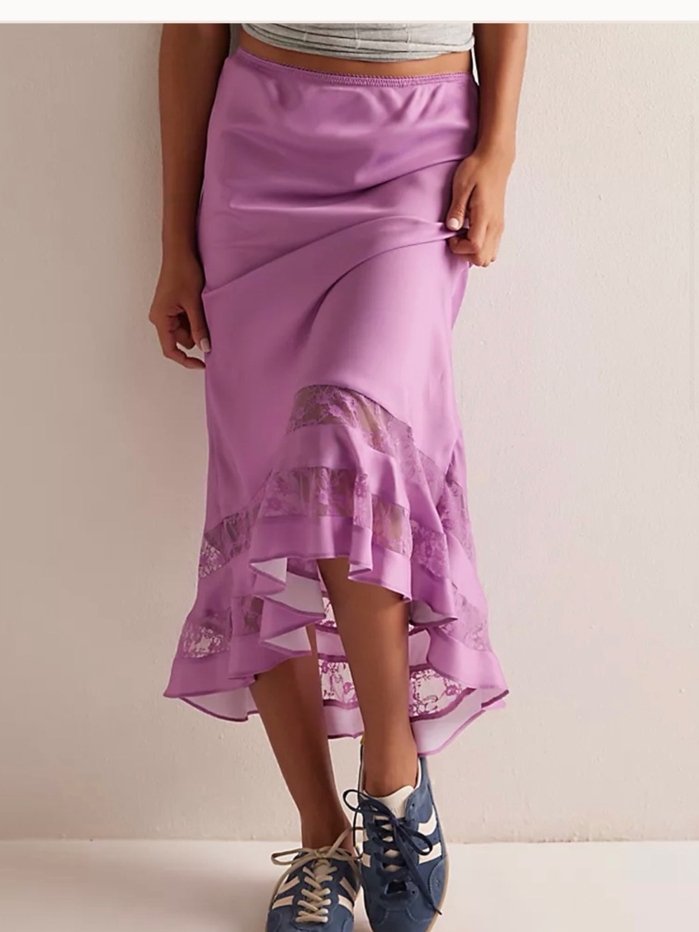 Free People Lavender Ruffle Lace-Trim Midi Skirt